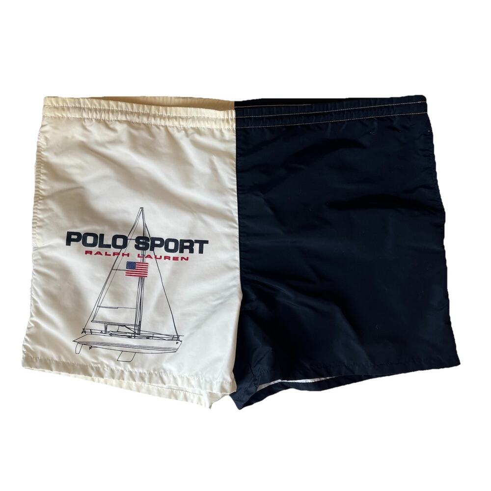 Vintage Polo Sport Ralph Lauren Swim Trunks 90’s Sailing USA Flag M Colorblock
